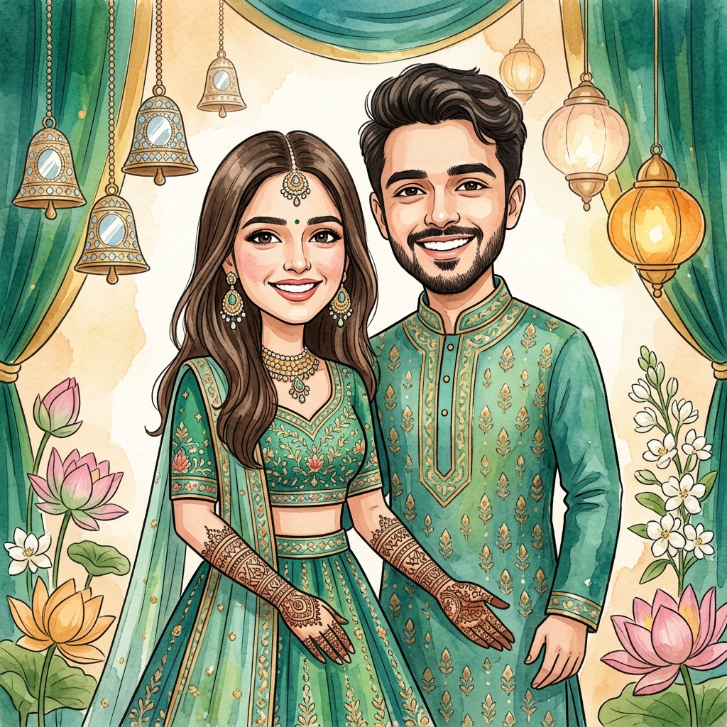 Stylised couple caricature for a save-the-date